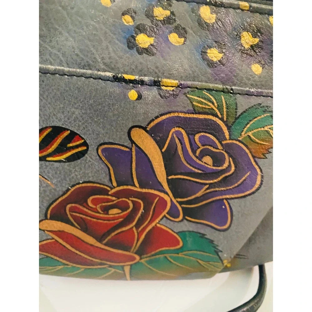 Anuschka‎ Hand Painted Leather Crossbody Bag Rose Butterfly Leopard Print Gray